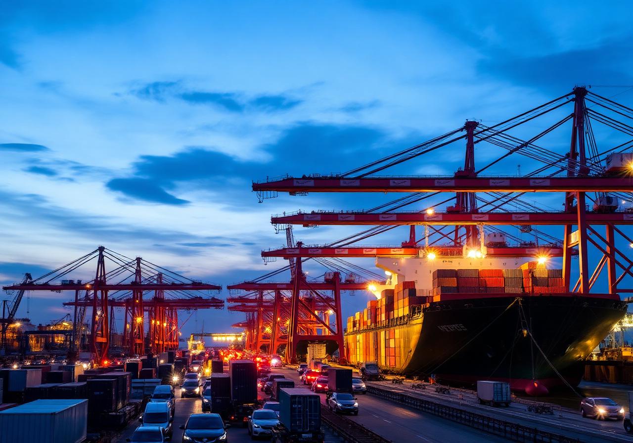 Cranes loading containers at a port terminal